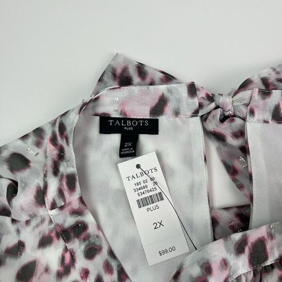Talbots Leopard Print Metallic Top 2X Gray Pink Blouse Fairy Feminine Dressy - Picture 3 of 11